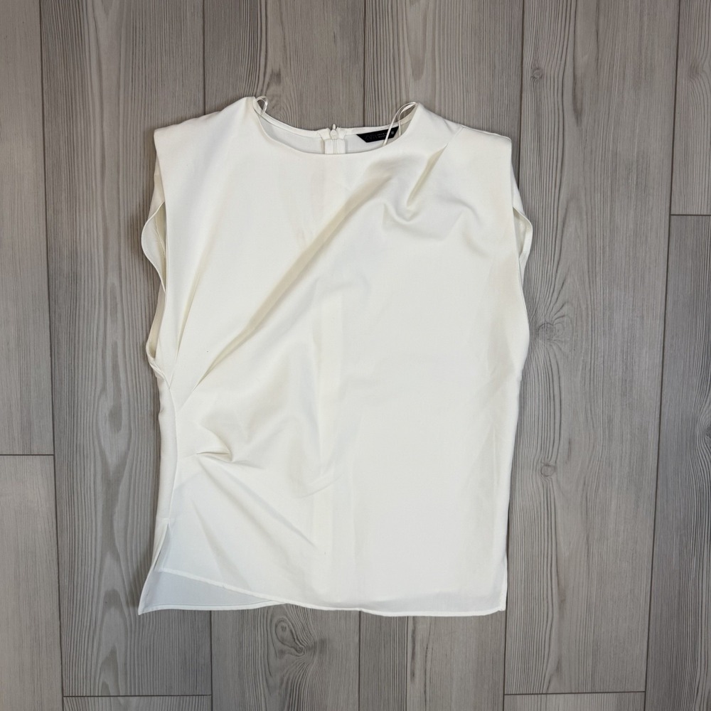 Zara‎ Women's Sleeveless Pleated Detail Round Neck Crepe Top Ecru White XL